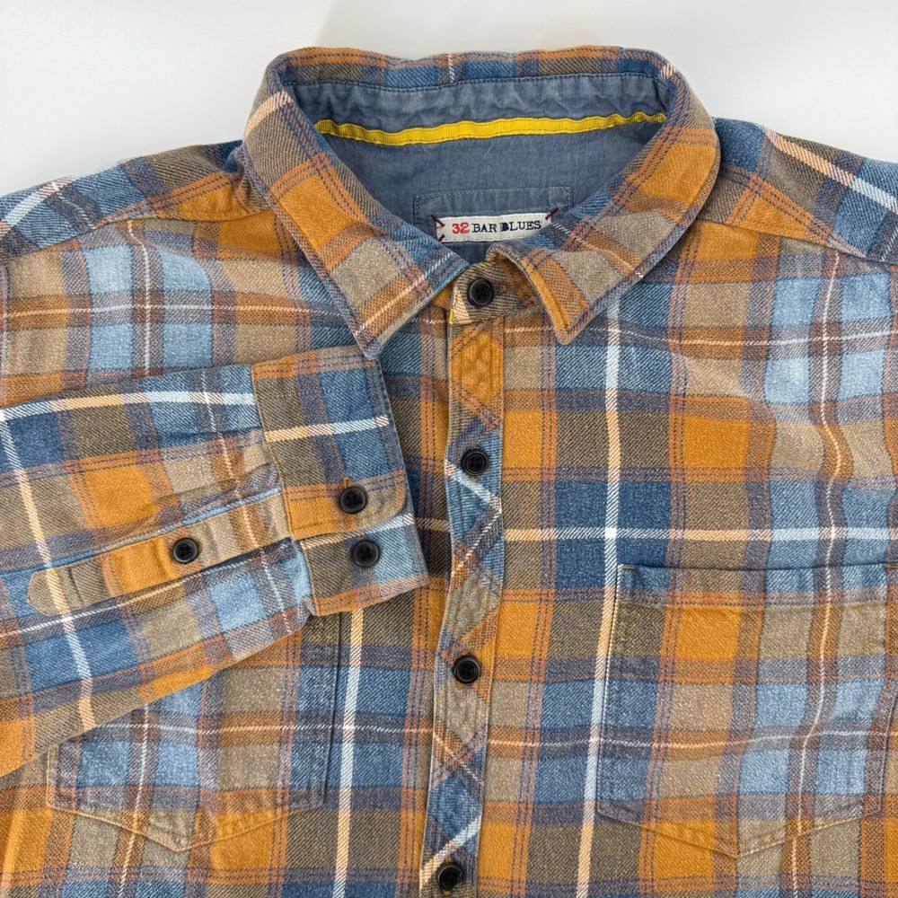 32 Bar Blues Flannel Shirt Mens XL Mustard Blue‎ Plaid Cotton Button Down Pocket